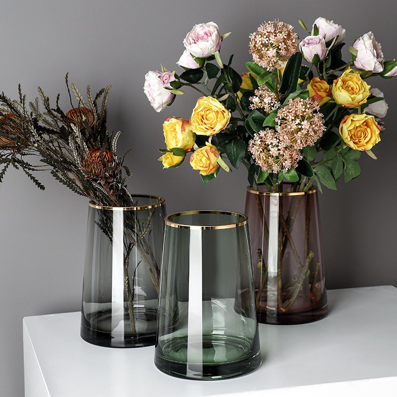 Lọ hoa thuỷ tinh miệng sơn mạ vàng cao cấp Qhouse , bình hoa trang trí phòng khách phòng ngủ để bàn làm việc đẹp