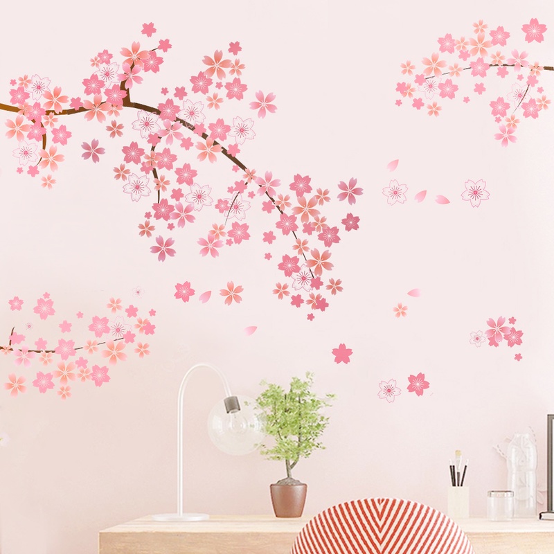 Set 2 Miếng Dán Tường Trang Trí Hình Hoa Mận Màu Hồng Xinh Xắn DIY