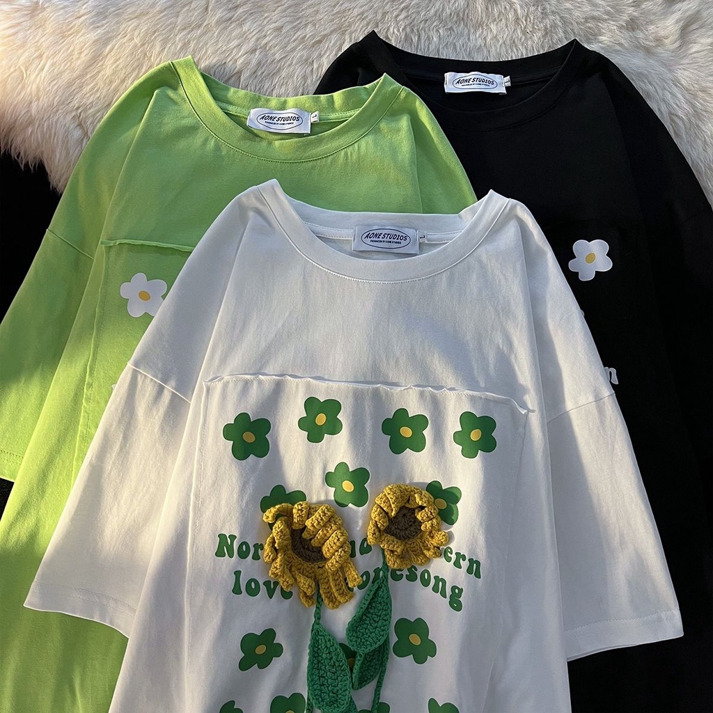 Áo Thun Cotton Tay Ngắn Họa Tiết Hoa Hướng Dương Và Chữ Phong Cách Hàn Quốc Cho Nữ