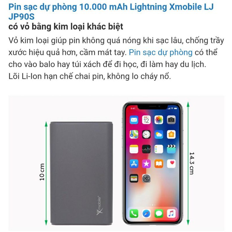 Sạc dự phòng Xmobile 10.000 mAh  LJ JP90S Nhôm Xám 98%(Lightning)