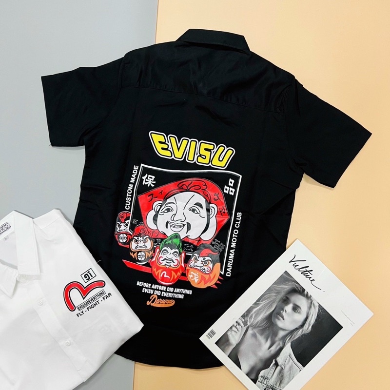 Áo sơ mi nam tay ngắn EVISU in họa tiết lụa co dãn mịn chống nhăn giá rẻ cao cấp AHFASHION