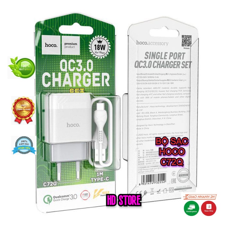 Bộ Sạc Nhanh 18W Hoco C72Q Dòng 3A Type C Cho Samsung Huawei, Xiaomi, Oppo, Realme... Thiết Kế Đẹp Mắt.