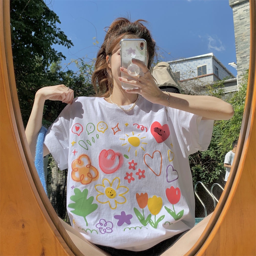 Áo Thun Cổ Tròn Dáng Rộng In Hình Hoa Lá Mùa Hè Phong Cách Hàn Quốc Mới Cho Nữ