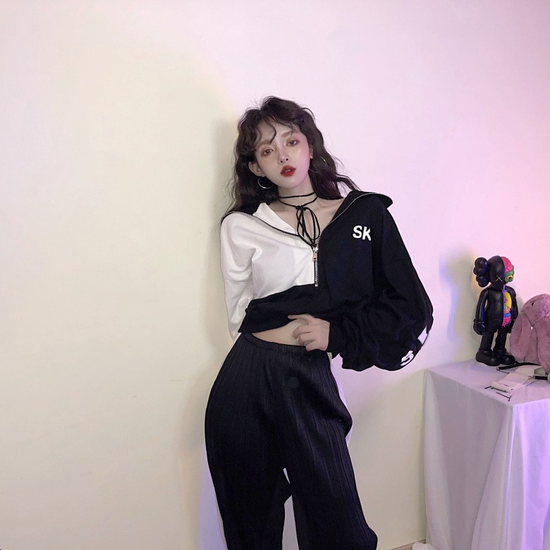 Áo khoác nữ có dây kéo cô cao form ngắn ulzzang