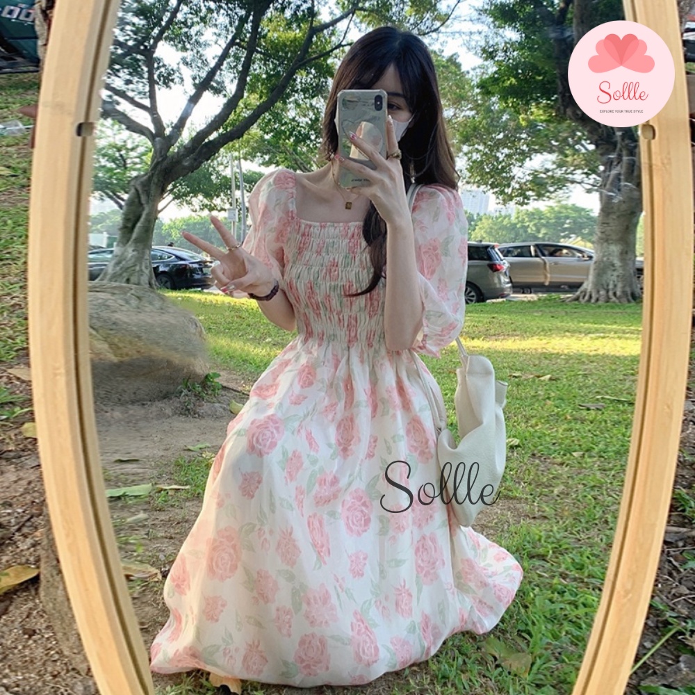 Đầm váy babydoll hoa hồng chun ngực tay bồng mặc 2 kiểu trễ vai cổ vuông Hàn Quốc Sollle