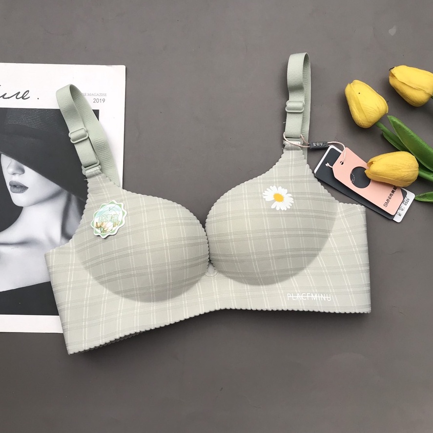 Áo lót nữ su đúc không gọng hoạ tiết sọc hoa cúc, bản lưng to, đệm mỏng chống xệ [Aha Store]