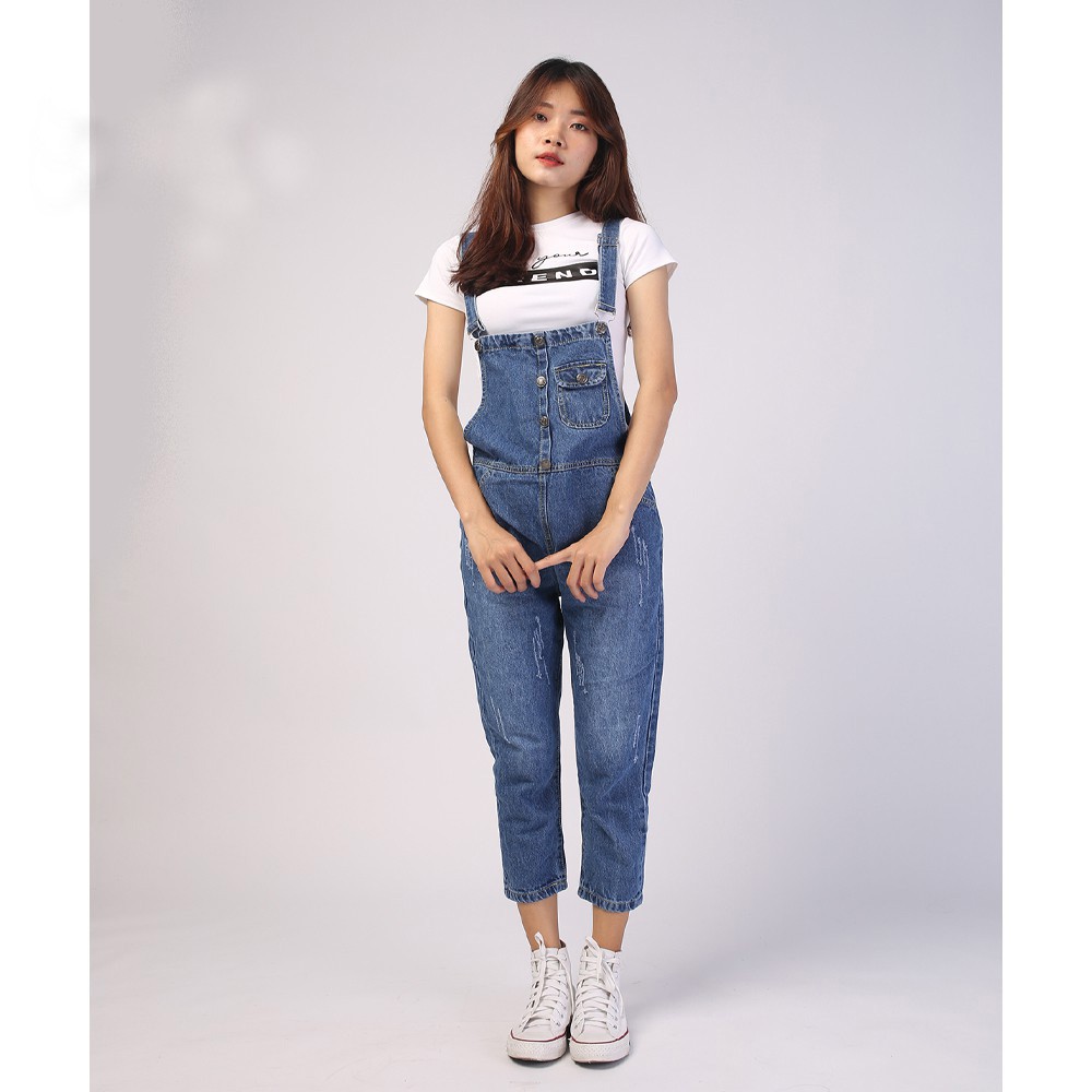 Yếm jean dài Nữ phối nút gài, túi nắp nổi bật, wash xước nhẹ cá tính PC Hàn quốc ulzzang - Hot trend 2021