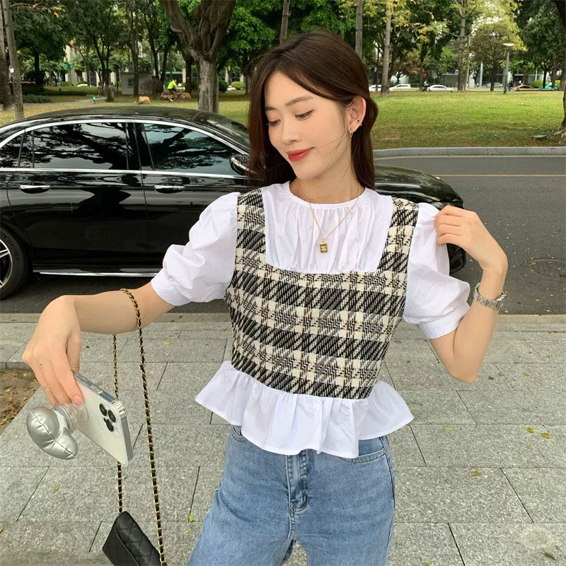 Áo sơ mi cộc tay cổ tròn phối họa tiết caro độc lạ