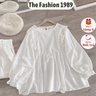 Áo Babydoll Ullzang phối ren - áo babydoll tay dài phối ren , áo trắng đi học, đi làm