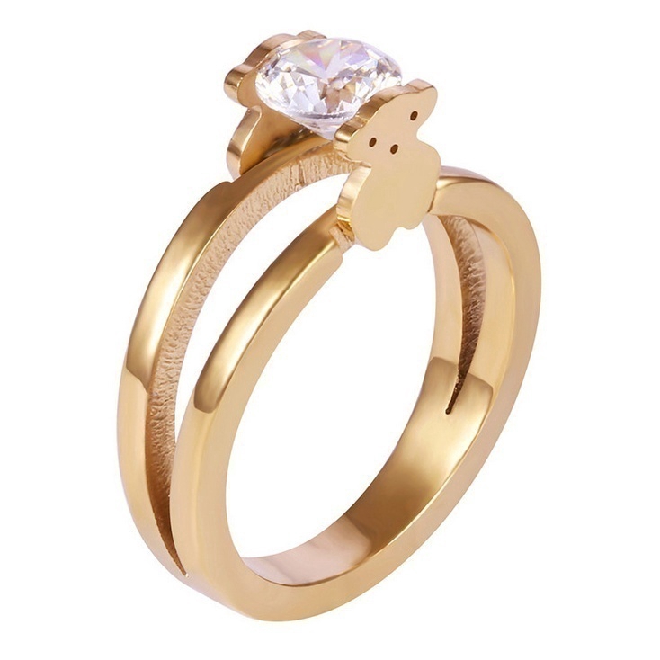 Cincin Stainless Steel 2 Sisi Motif Beruang Aksen Berlian Imitasi untuk Wanita