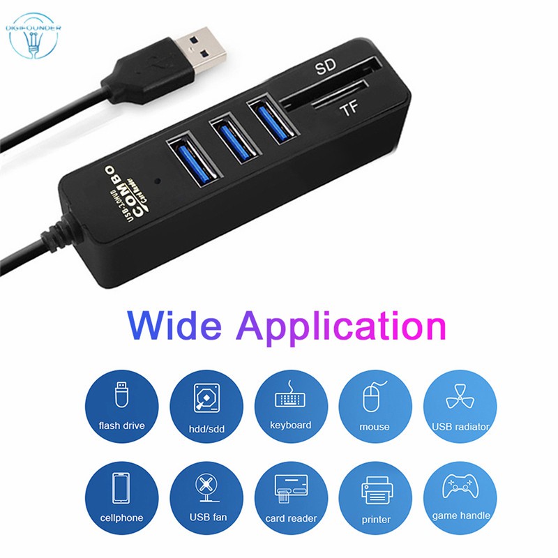 DG 3 Ports High Speed USB 2.0 Hub Splitter Multi USB Combo 2 in 1 SD/TF Card Reader for PC