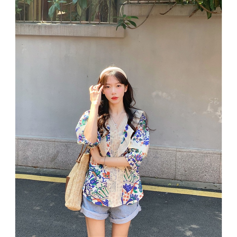 Áo Sơ Mi Tay Lỡ 3 / 4 In Hoa Phong Cách Hàn Quốc Cho Nữ