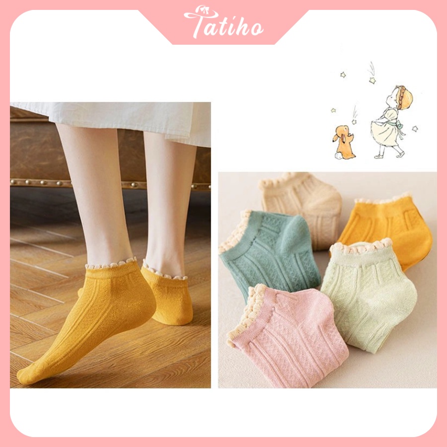 Vớ Tất Nữ Unisex Ren Cổ Thấp Chất Cotton Dày Dặn Họa Tiết Trơn Phối Cổ Nhúng Bèo Phong Cách Basic Thời Trang - Mã TV008