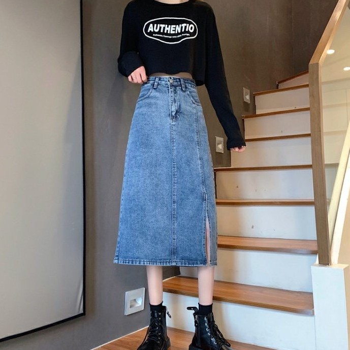 Chân Váy Jeans Dài Xẻ Tà KABICO Chân Váy Bò Dài Cạp Cao Ôm Eo Phong Cách Ulzzang V03