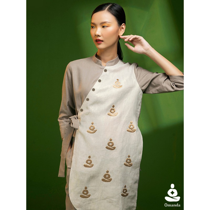 Pháp Phục Nữ Cao Cấp, Set Bộ Linen Cổ Tàu Màu Ca Cao Phối Be Họa Tiết Thêu Logo Hình Thiền Sư - Bộ Thụy Miên Omanda