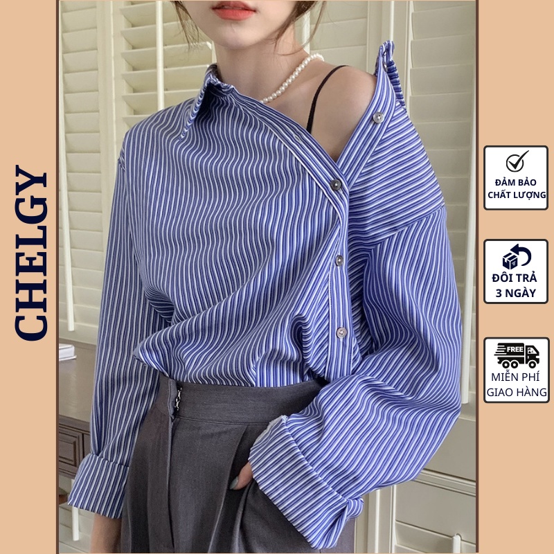 Áo sơ mi nữ Chelgy form rộng dài tay màu xanh kẻ sọc may cách điệu lệch cúc vai trễ basic bigsize Unisex CG-SMX04