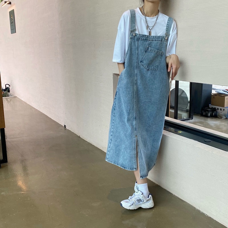 Jiashucheng Váy Yếm Denim Dài Xẻ Tà Thời Trang Mùa Hè Dành Cho Nữ