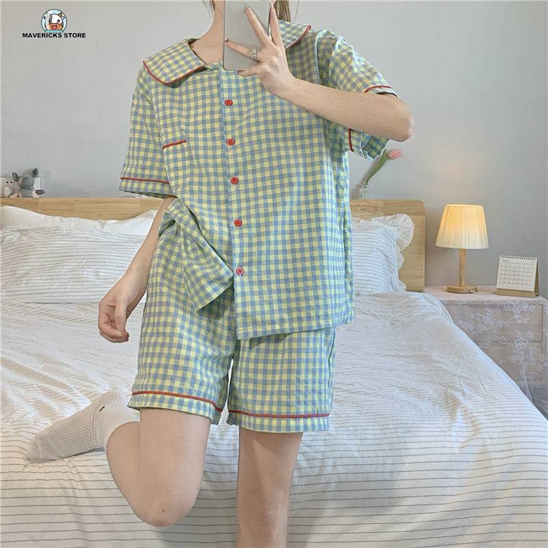 Bộ đồ ngủ dáng rộng in họa tiết caro màu xanh lá thời trang mùa hè mới 2021 cho nữ
