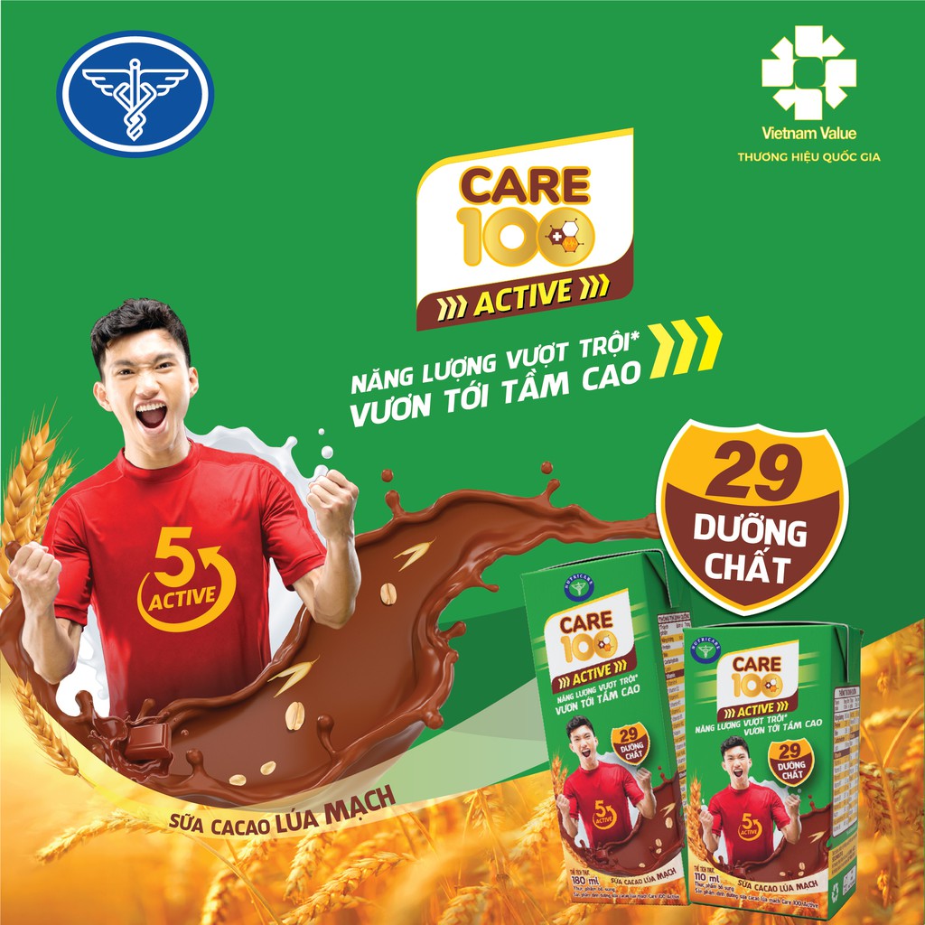 Thùng sữa nước ca cao lúa mạch Nutricare Care 100 Active giúp trẻ phát triển chiều cao (110ml)