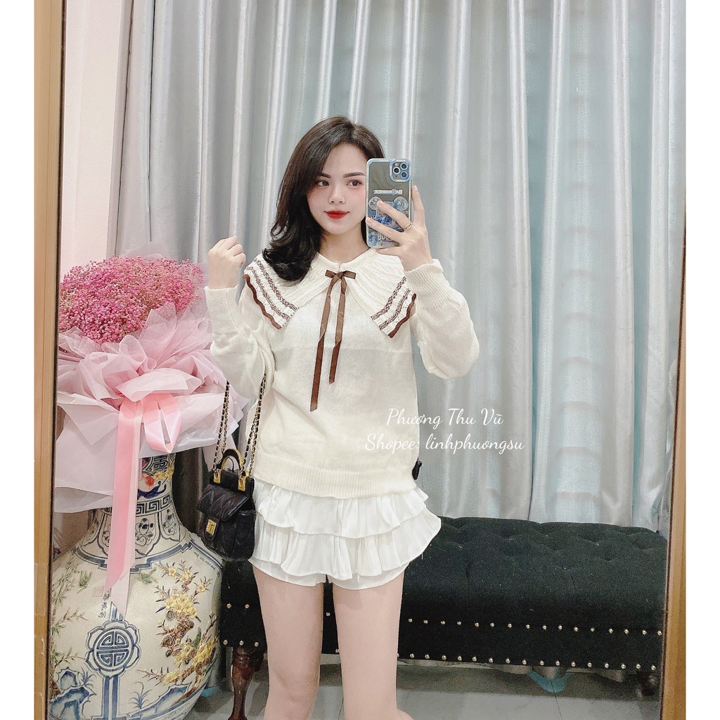 Áo len bèo trễ vai nơ ngực tông màu be - Ảnh thật tự chụp | BigBuy360 - bigbuy360.vn