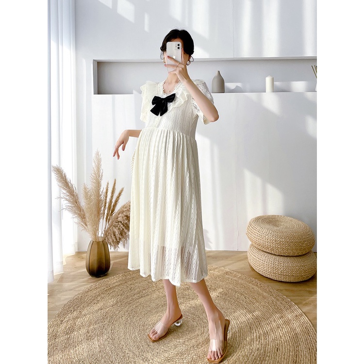 Váy đầm bầu cổ bèo nơ ren thiết kế công sở, dự tiệc cho mẹ bầu phong cách hàn quốc sang trọng, thanh lịch mới mùa hè