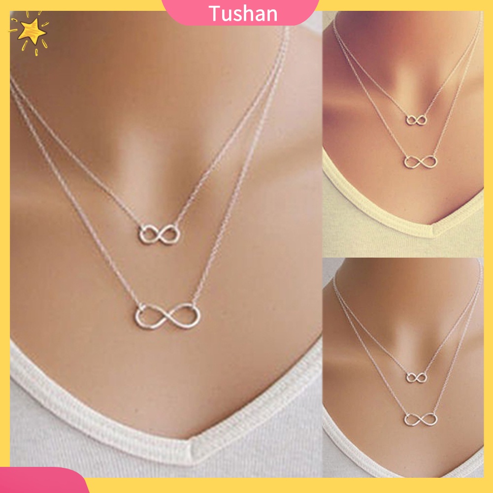 TUSH_Lady Double 8 Shape Pendant Chain Infinity Choker Statement Bib Necklace Jewelry