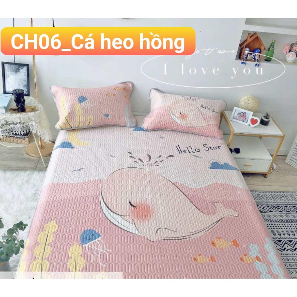 Chiếu điều hòa tencel,chiếu cao su non 5D,gồm 1 chiếu kèm 2 vỏ gối mẫu lá to xanh