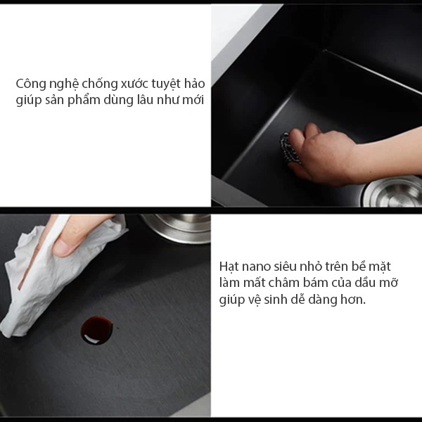 Chậu rửa bát (chén ) giật cấp inox 304 phủ nan đen có cài dao - Bảo hành 3 năm