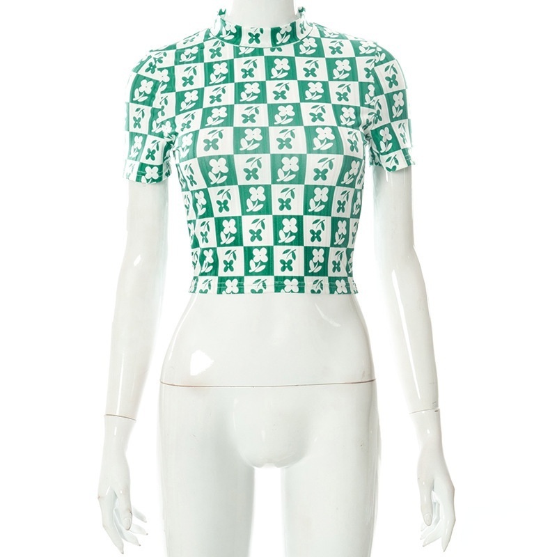 Áo Thun Croptop Cổ Tròn Họa Tiết Sọc Caro Phong Cách Đường Phố