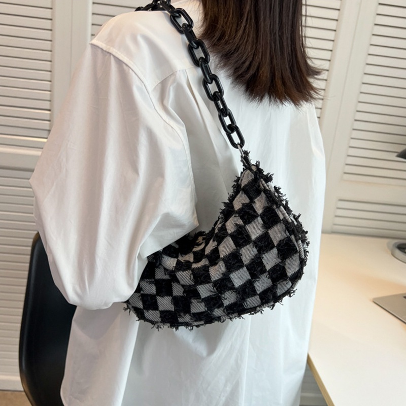 Túi IELGY đeo vai vải denim họa tiết kẻ sọc thời trang cho nữ