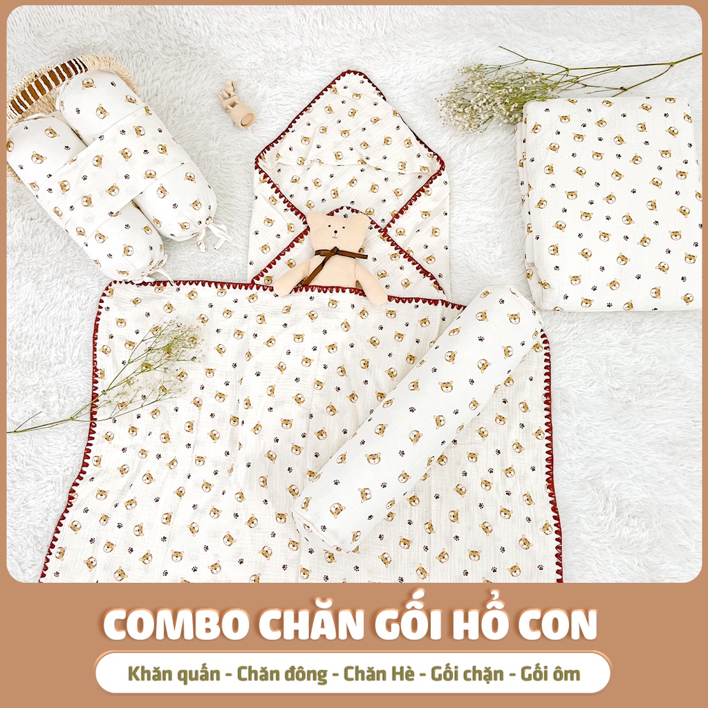 Phụ kiện sơ sinh 5 món cho bé yêu Chilux muslin 100% cotton, chăn đông, chăn hè