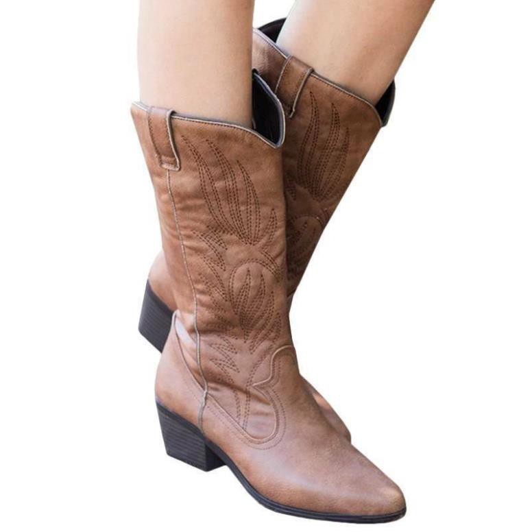 [Sale 3/3]Giày bốt da bò cổ cao ngang bắp chân dạng kéo lên phong cách vintage Phương Tây thời trang cho nữ -x13