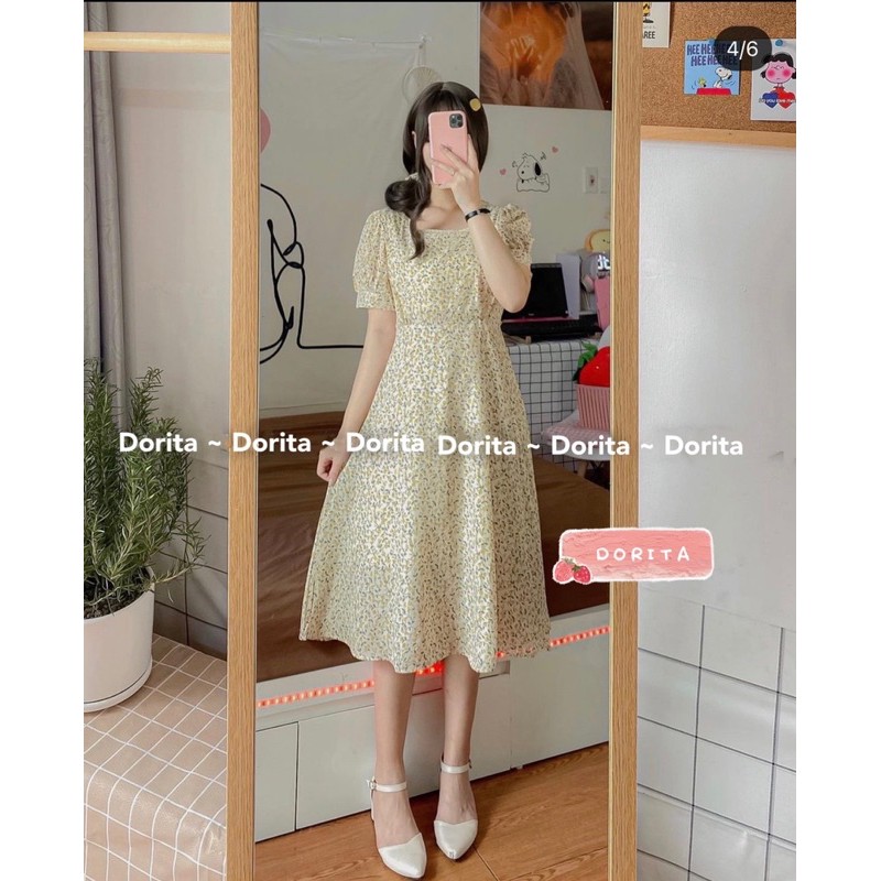 Váy hoa nhí vintage dáng dài kèm Sunchies, Váy hoa nhí vintage cổ vuông viền ren - Dorita Boutique