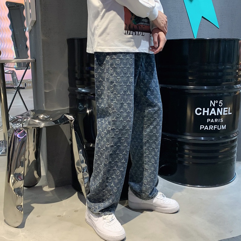 Quần baggy LV ống rộng nam BeUShop, quần bò jean cao cấp loại 1 màu đen xanh không phai màu phong cách Hàn Quốc