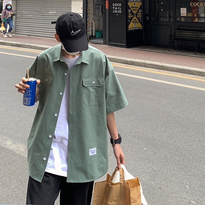 ♞AFF LIGA♞ Áo sơ mi tay ngắn màu trơn form rộng thời trang mùa hè phong cách Hàn Quốc trẻ trung cho nam