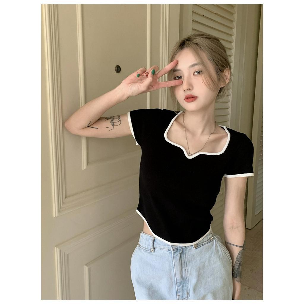 Áo sweater Ngắn Tay Cổ Vuông Thiết Kế Lệch Tà Cá Tính Dễ Phối Đồ