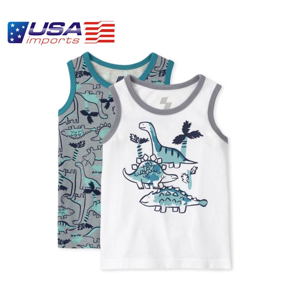 Set 2 áo thun sát nách xanh trắng khủng long Children's Place Auth Từ Mỹ (3029644_BQ)
