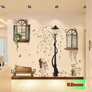 Decal dán tường Bé ôm mèo bên hiên nhà
