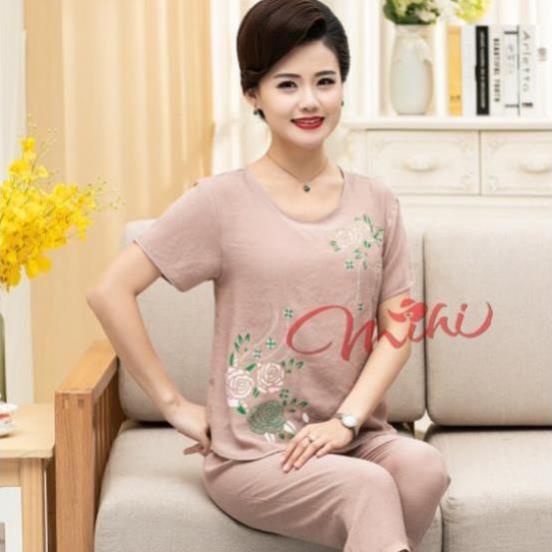 Bộ đồ trung niên nữ B56 Đũi hoa - Quần áo ngủ mặc nhà cho mẹ, người lớn tuổi - Thời trang đẹp mùa hè giá rẻ Bigsize ! ,