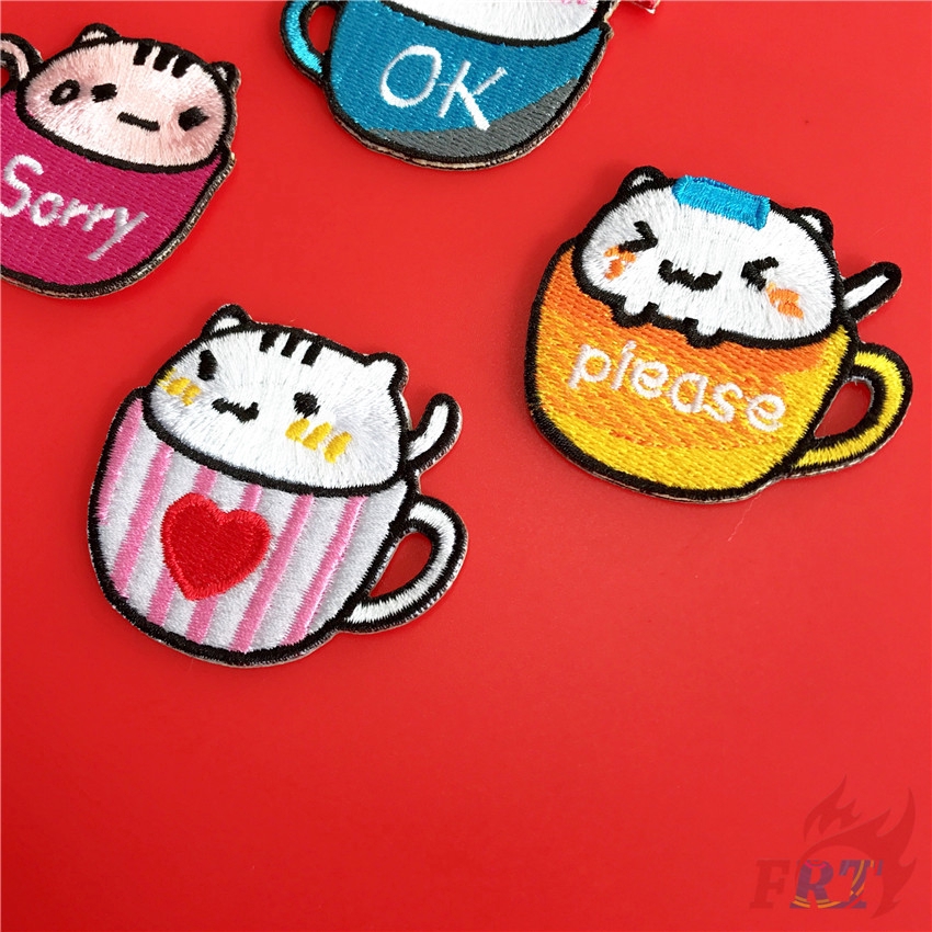Set 1/4 miếng vá thêu/ủi quần áo họa tiết cốc nước mèo hoạt hình đáng yêu DIY