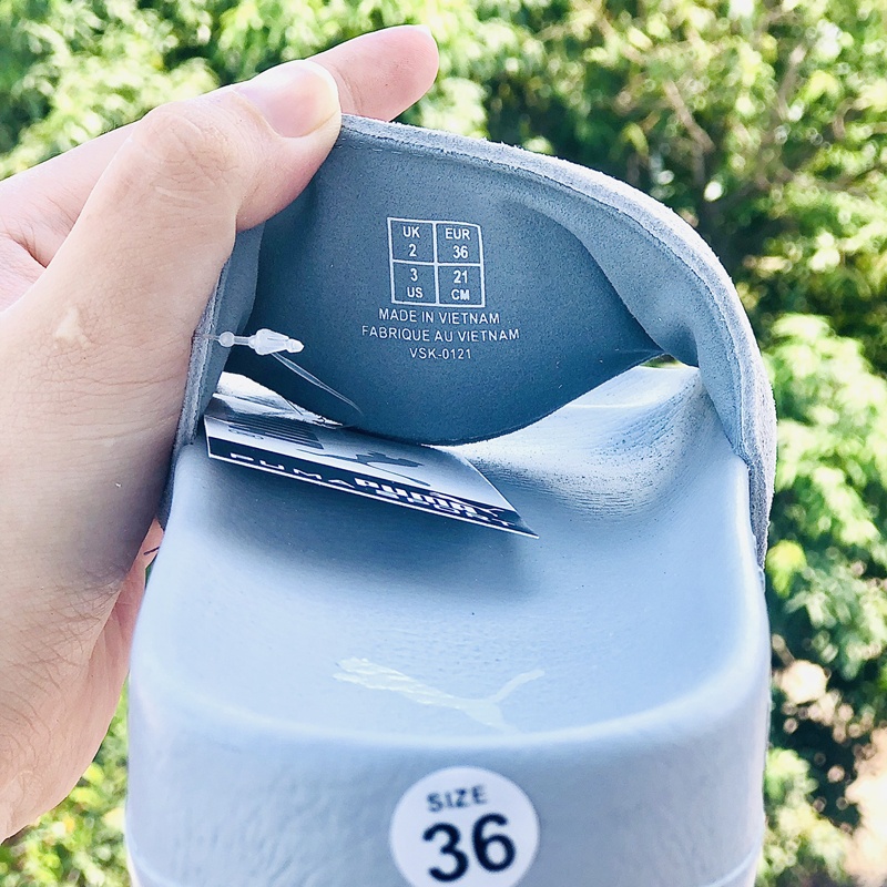 Dép puma da lộn, FREESHIP + Hộp hãng, dép puma quai ngang hình con báo nam nữ thể thao kèm tem tag mác,full xám