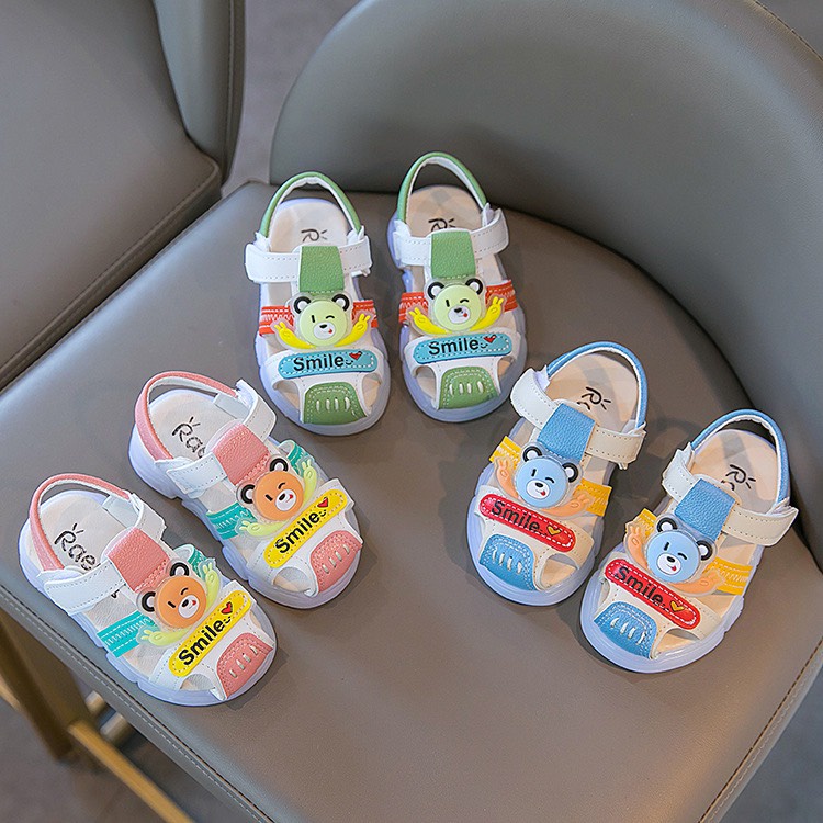 sandal bé trai dép rọ tập đi cho bé trai bé gái con gấu da PU mềm có quai dán nhiều màu sắc smile A335