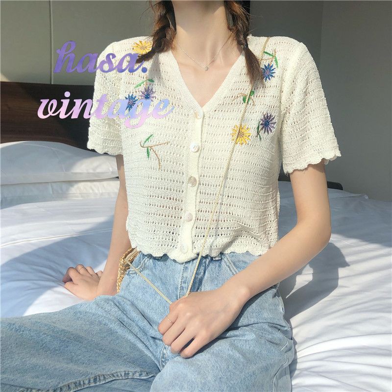 [Order]🌿 Áo croptop cổ V len móc mỏng thêu hoa nút dọc ulzzang 🔥