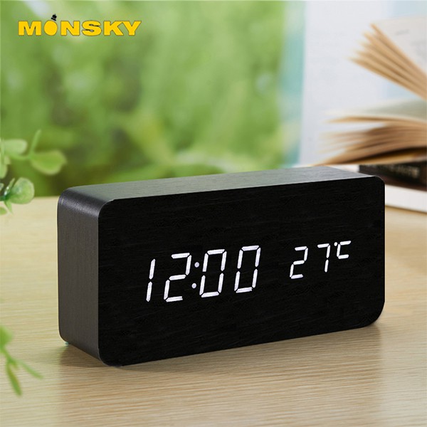 Đồng hồ để bàn LED giả gỗ MONSKY ZAYTEN hình chữ nhật độc đáo, tiện dụng đo thời gian, nhiệt độ phòng.