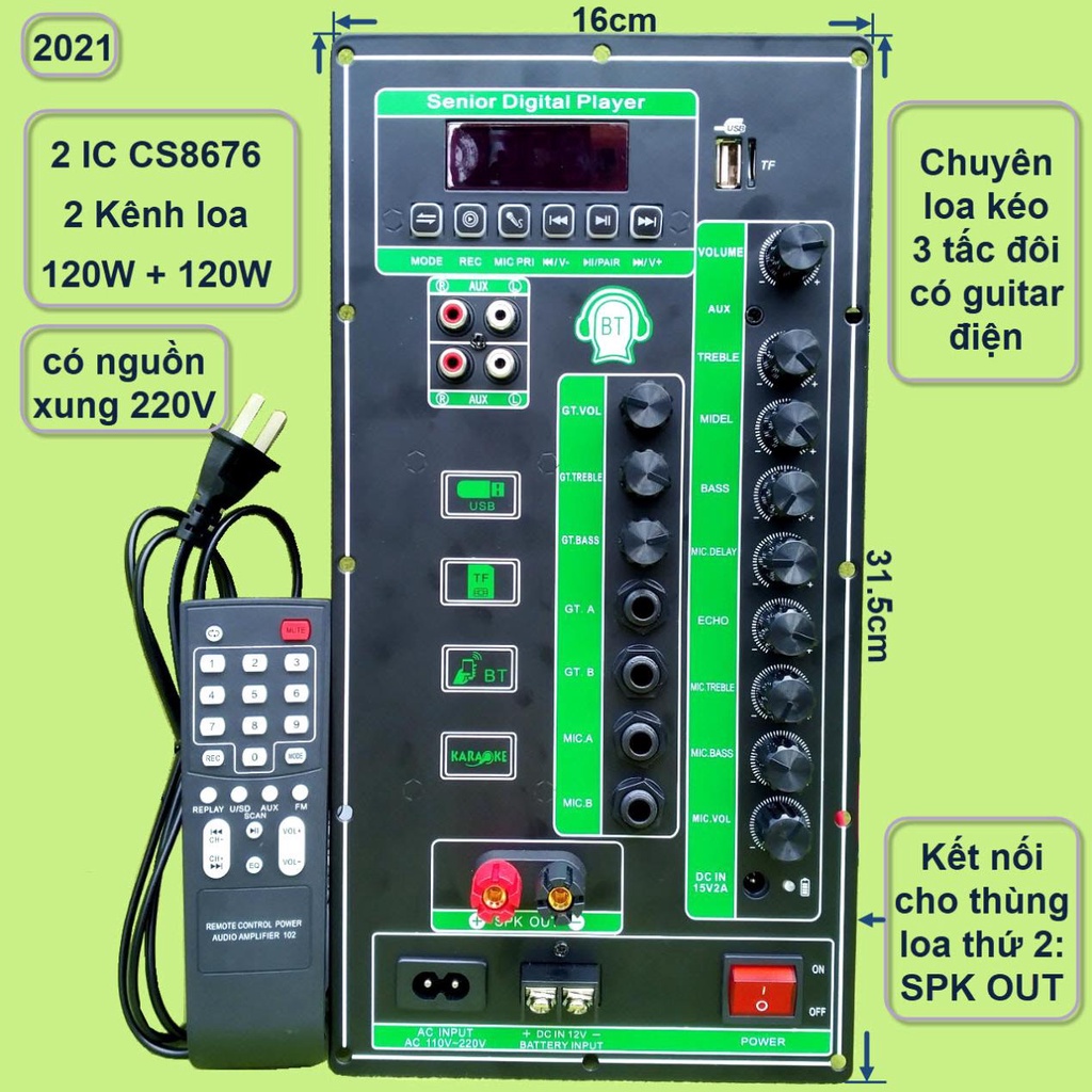 [Mã 44ELSALE2 giảm 7% đơn 300K] Mạch loa kéo 2 kênh 3 tấc đôi có Guitar điện 2 IC CS8676 120W + 120W có nguồn xung 220V