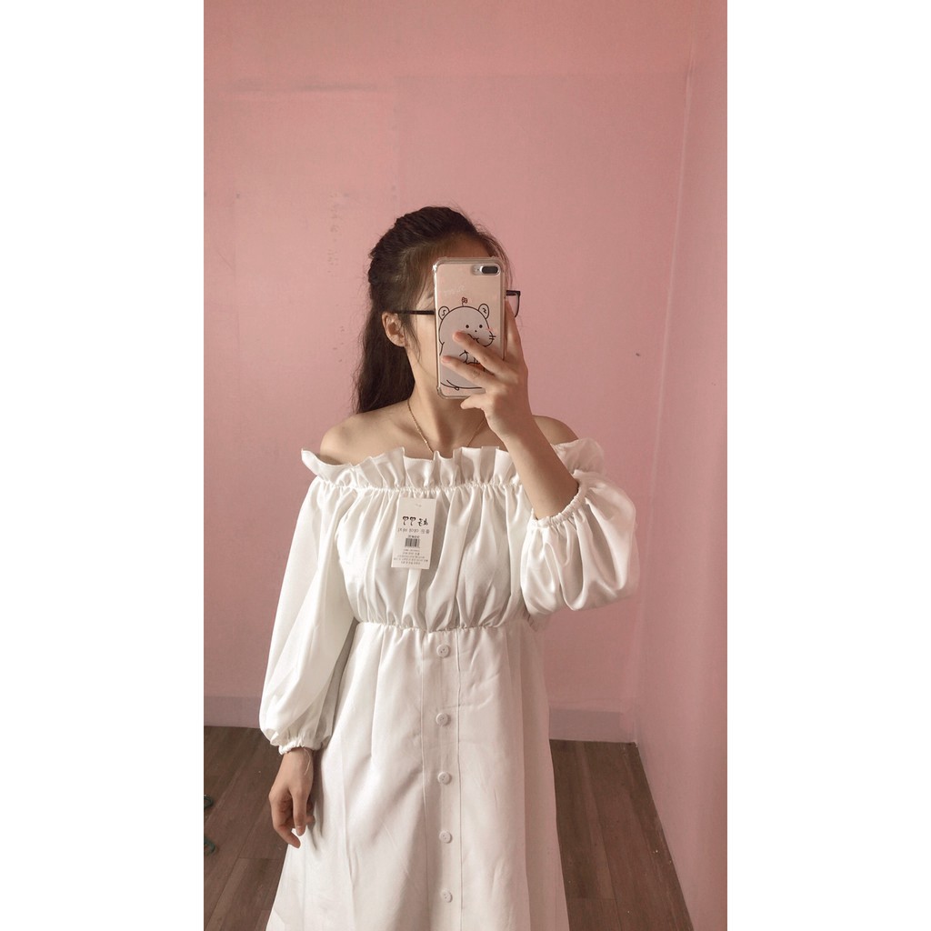 Váy trễ vai trắng triết eo tay bồng tiểu thư xinh xắn/ Đầm trắng trễ vai có triết eo | BigBuy360 - bigbuy360.vn