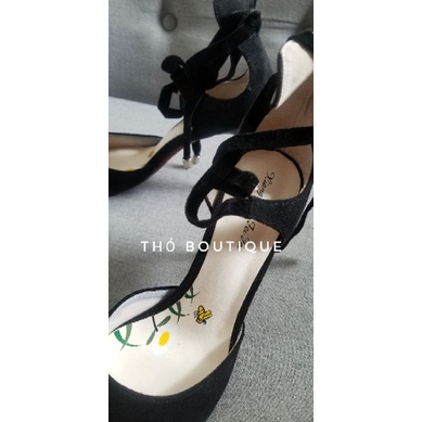 Giày cao gót chính hãng XYFF da lộn đen dây thắt chéo cổ chân 10cm size 36-37