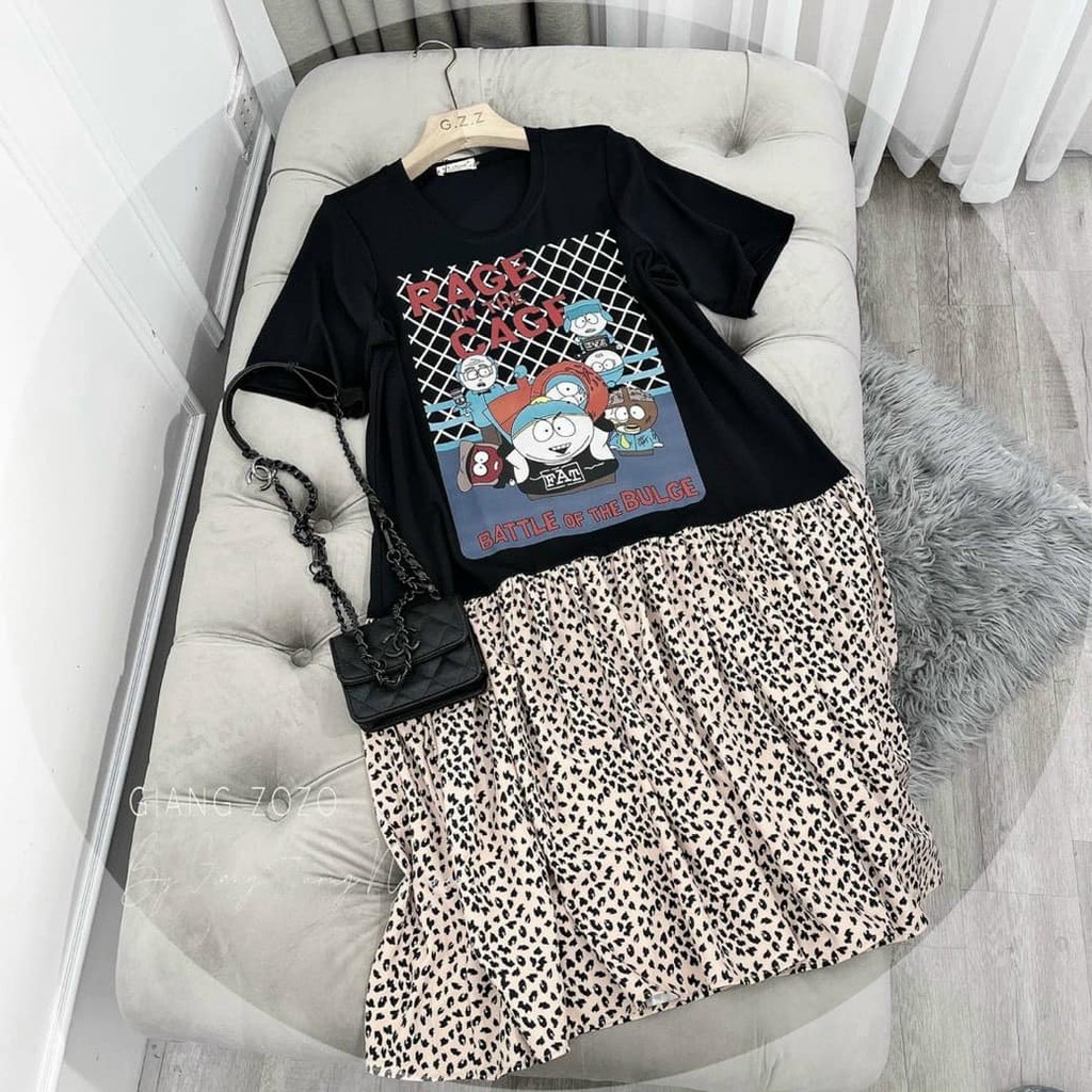 Váy suông chân bèo phối da báo dáng suông fom rộng y hình