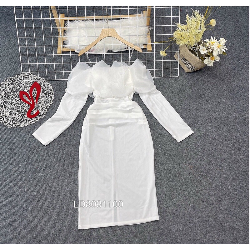 Đầm body phối lưới đính hạt trễ vai tay dài