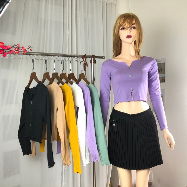 ✅ Hàng sẵn ✅ Áo Croptop Nữ Kiểu Tay Dài Đính Cúc Cổ Tim Hot Girl
